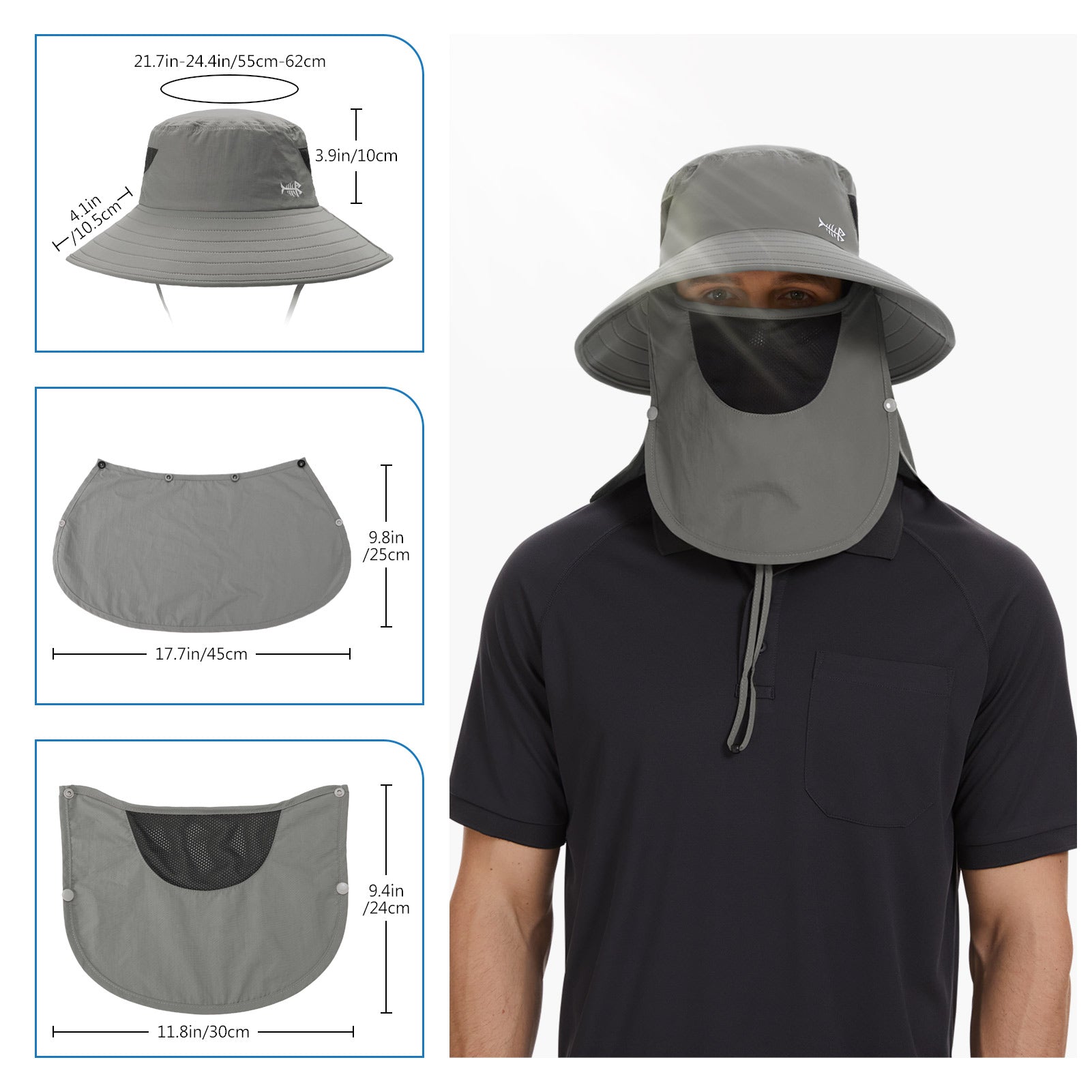 unisex UPF 50+ Sun Hat with Face Cover & Neck Flap FH09 Khaki