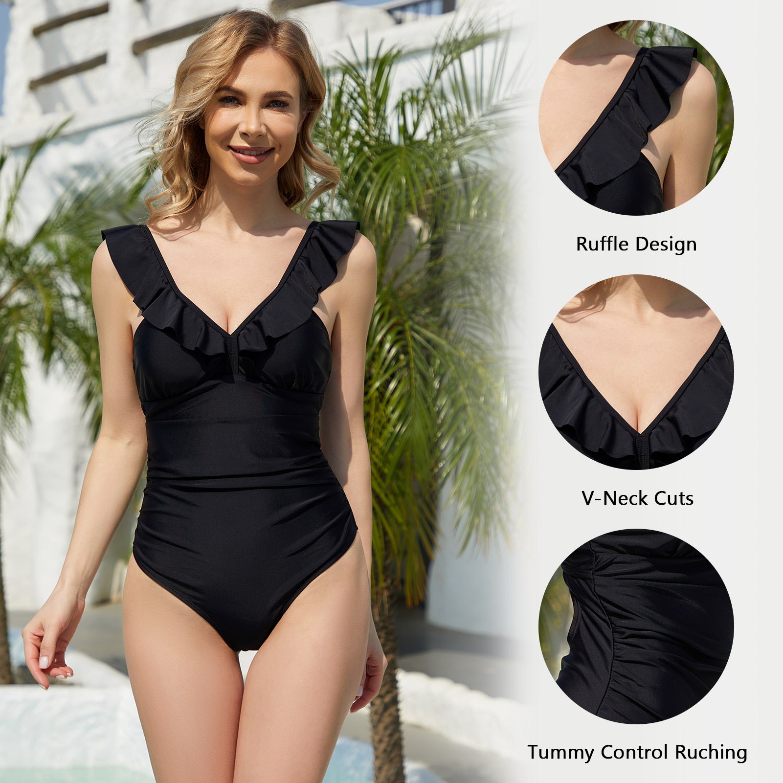 Ruffle Deep V-Neck Ruffle One Piece Swimsuit for WomenRuched