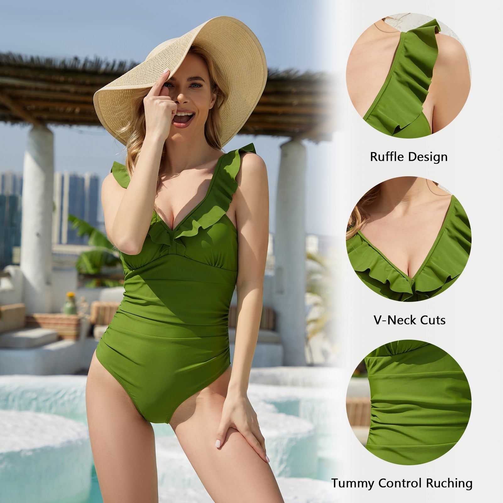RQYYD Clearance Womens One Piece Bikini Summer Tummy Control Ruffle Bathing  Suits Floral Print Zipper High Cut Thong Beachwear(Green,L)