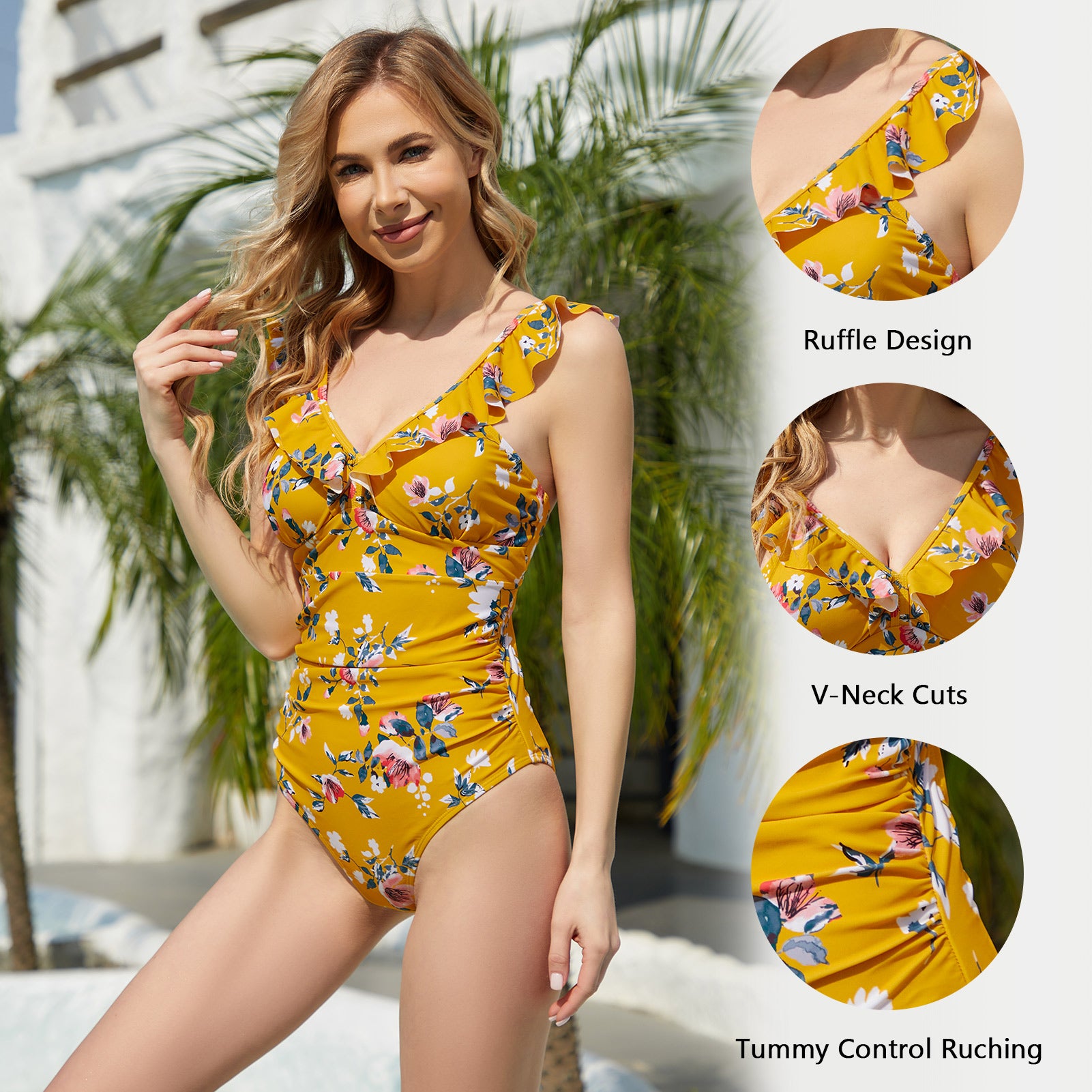Tummy Control Swimming Costume Women Deep V Neck Ruffle One Piece