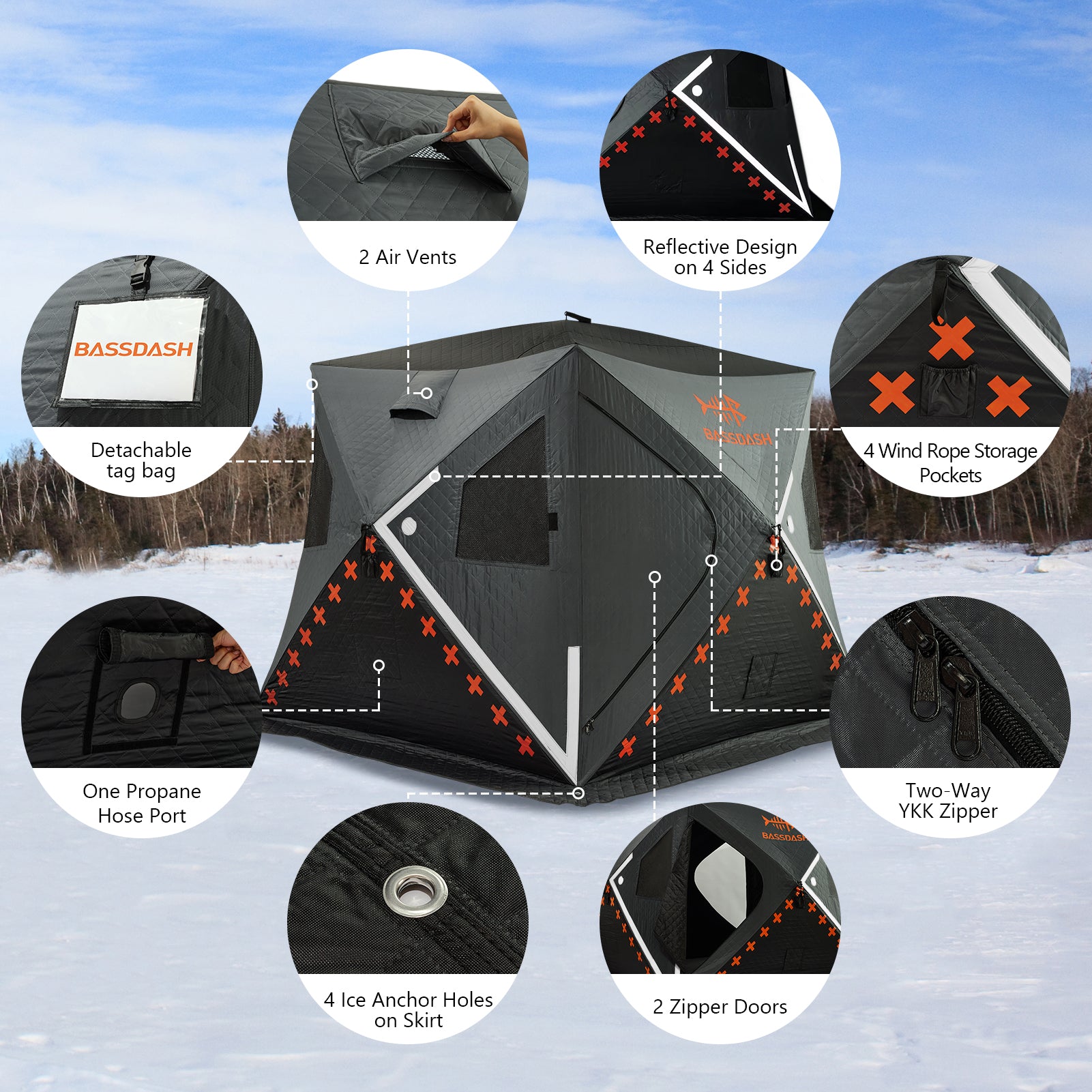 Pop-Up Insulated Ice Fishing Shelter Tent Portable Angler Ice Thermal Hub  Shelter Fishing Tent with Carrying Bag, Ice Anchors, Tie-Down Ropes