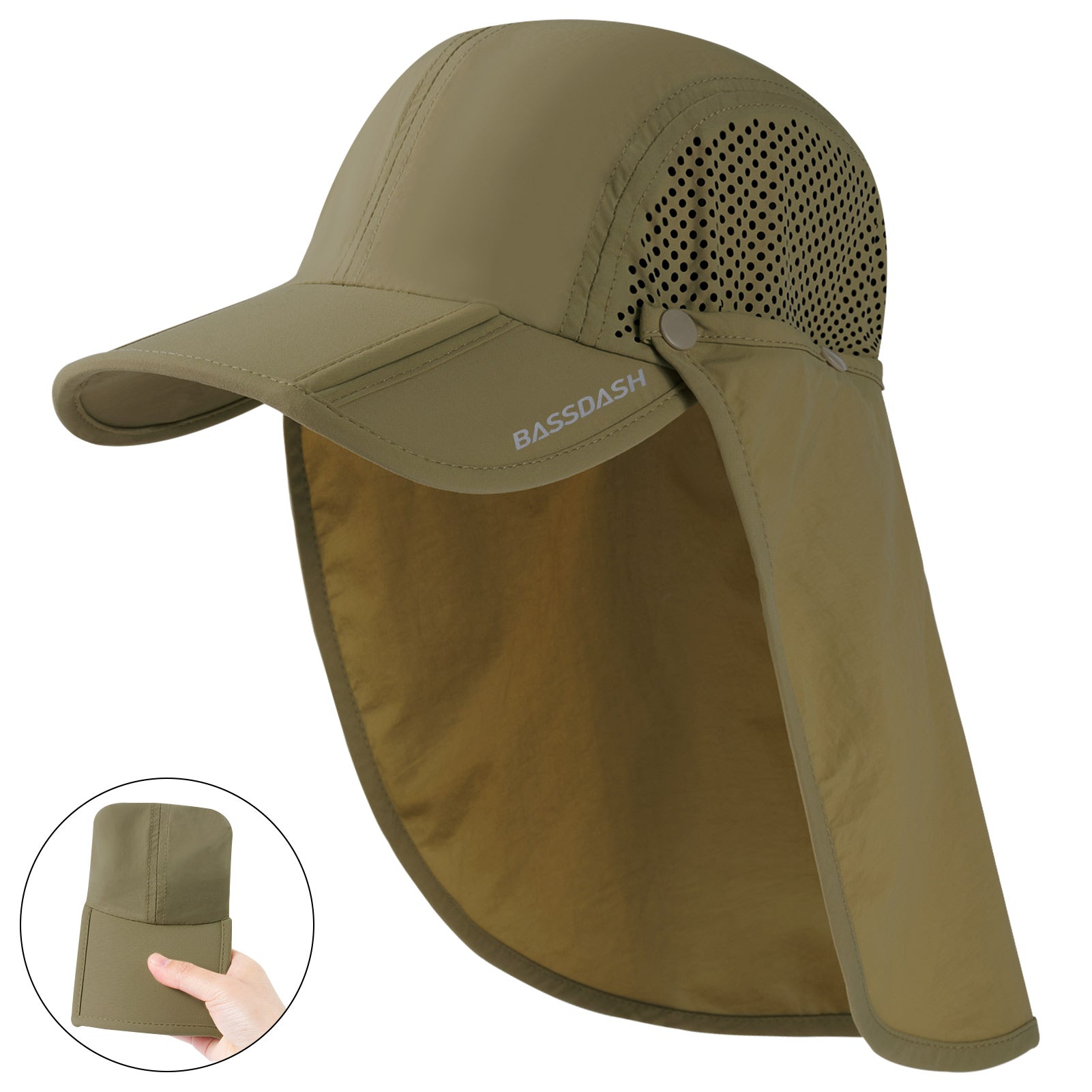 Bassdash Foldable UPF 50+ Fishing Hats with Removable Neck Flap Fh12, Khaki with Foldable Brim / One Size