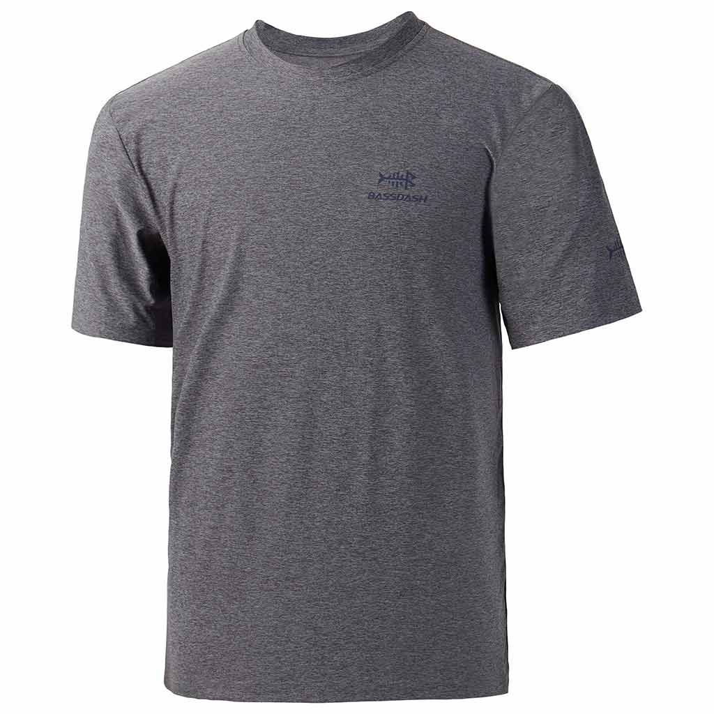 Bassdash Men’s UPF 50+ Performance Fishing T-Shirt Quick Dry Short Sleeve Active Shirt, Heather Grey/Dark Blue Logo / XXL