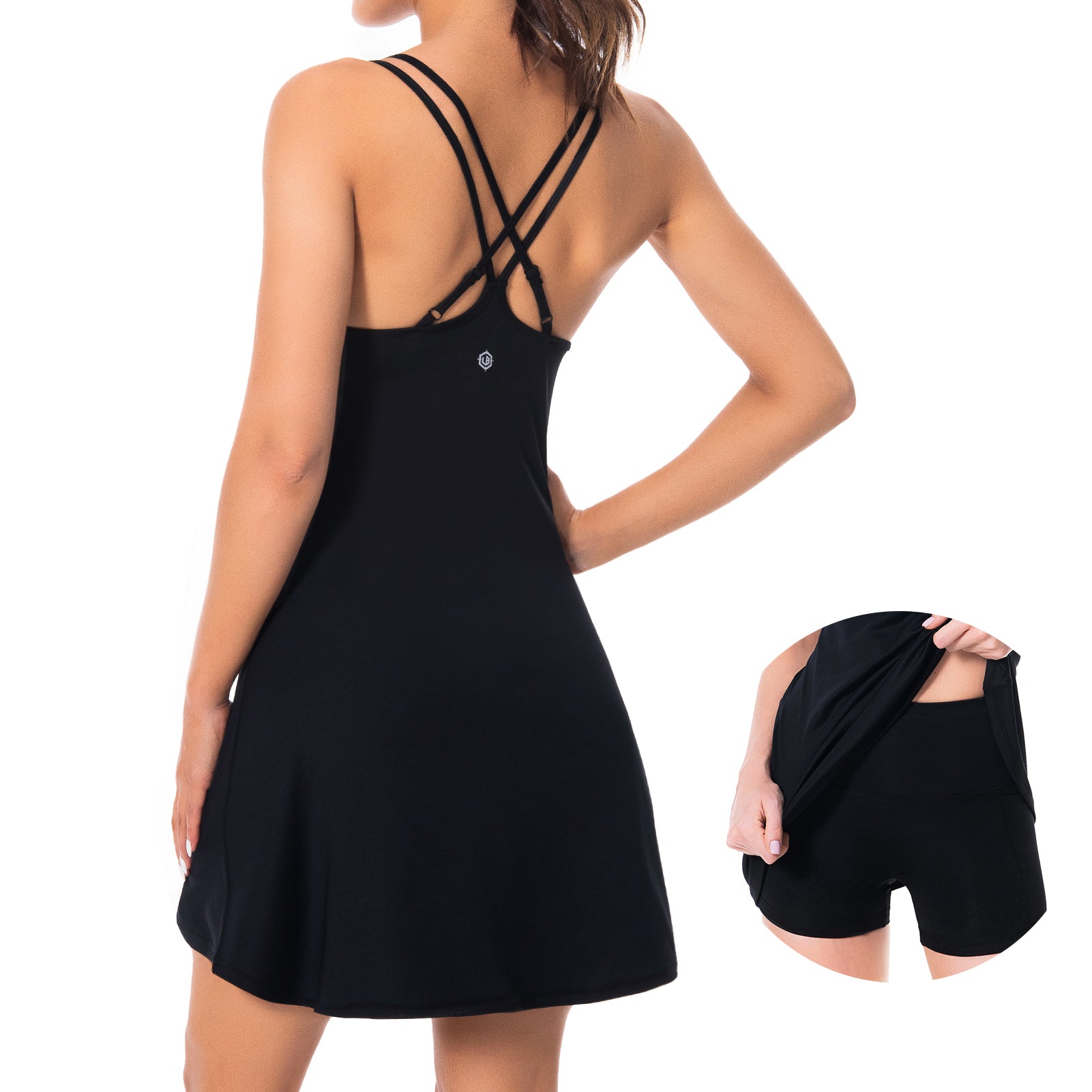 XIUH Women's Casual Dress Women Workout Tennis Dress With Built In Bra  Shorts Shoulder Straps And Pockets Dress for Women Black L