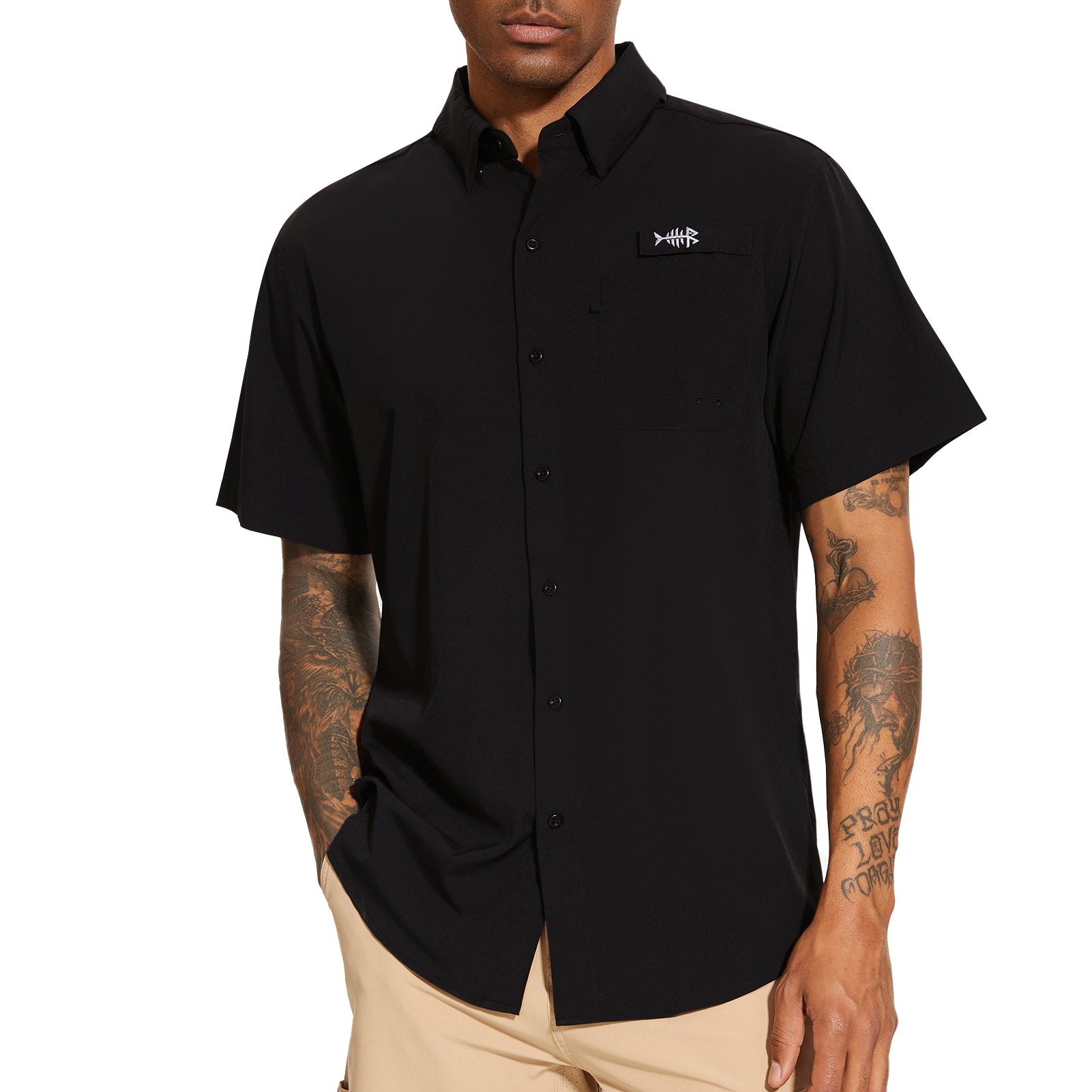Men's UPF 50+ Short Sleeve Button Down Shirt FS28M, Black / XX-Large