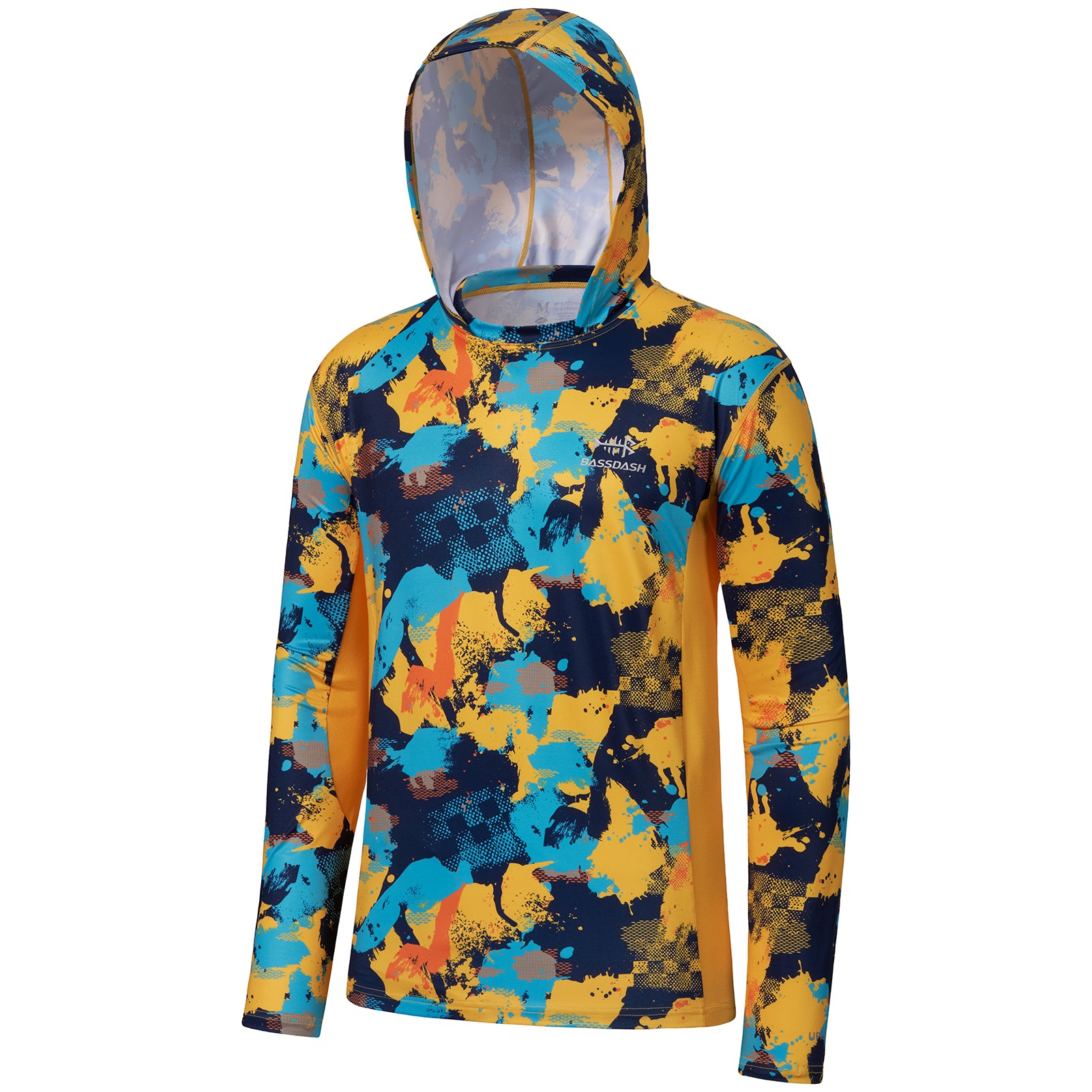 Men's UPF 50+ Camo Fishing Hoodie Shirts with Face Cover FS25M, Yellow/Blue Camo without neck gaiter / XX-Large