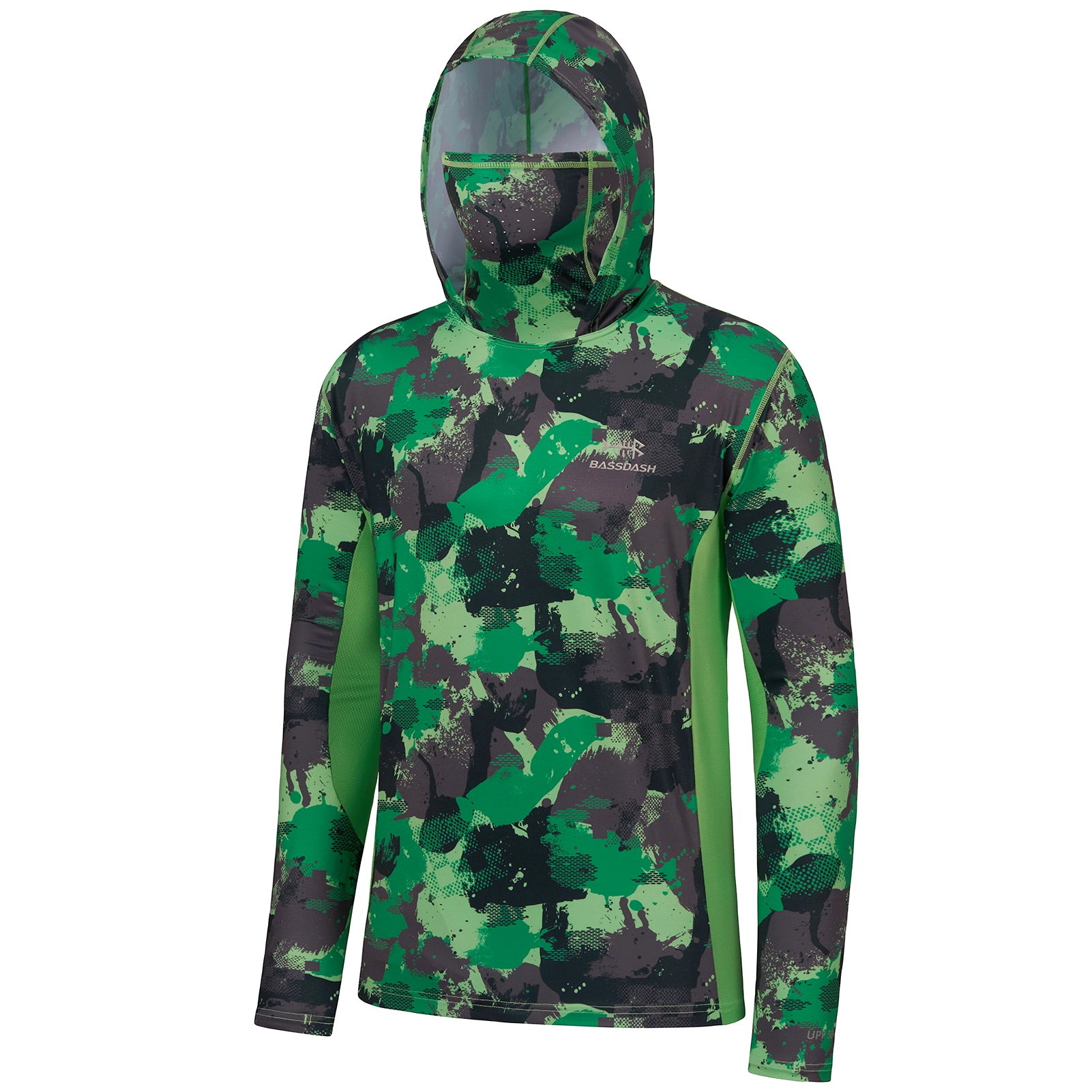 Men's UPF 50+ Camo Fishing Hoodie Shirts with Face Cover FS25M Green Camo with Neck Gaiter / Medium