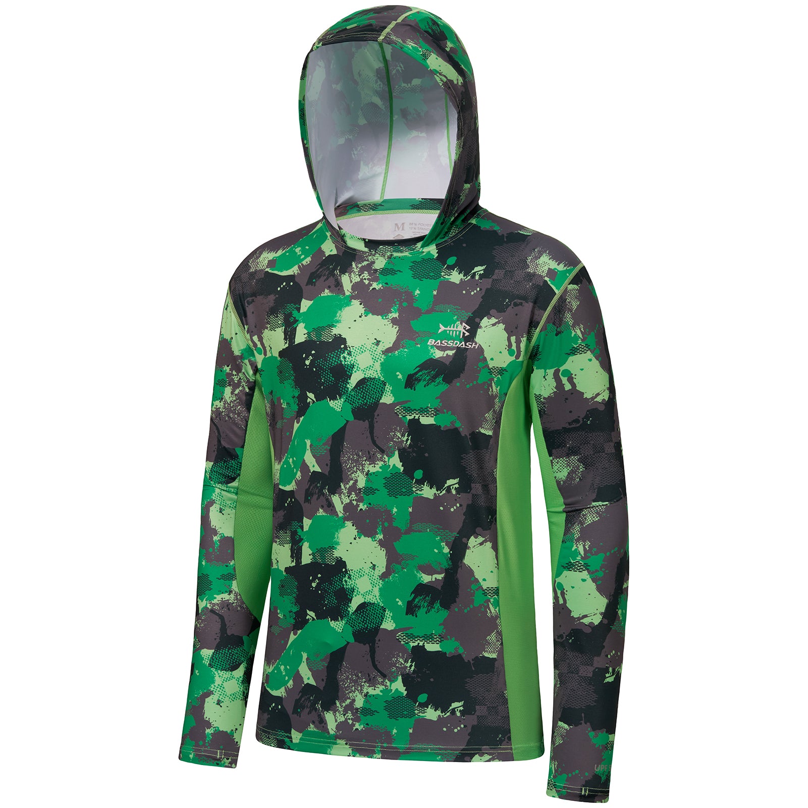 BASSDASH Mens UPF 50+ Fishing Hiking Camo Hoodie Shirt with Face Mask  Lightweight Neck Gaiter Long Sleeve Green Camo With Neck Gaiter X-Large