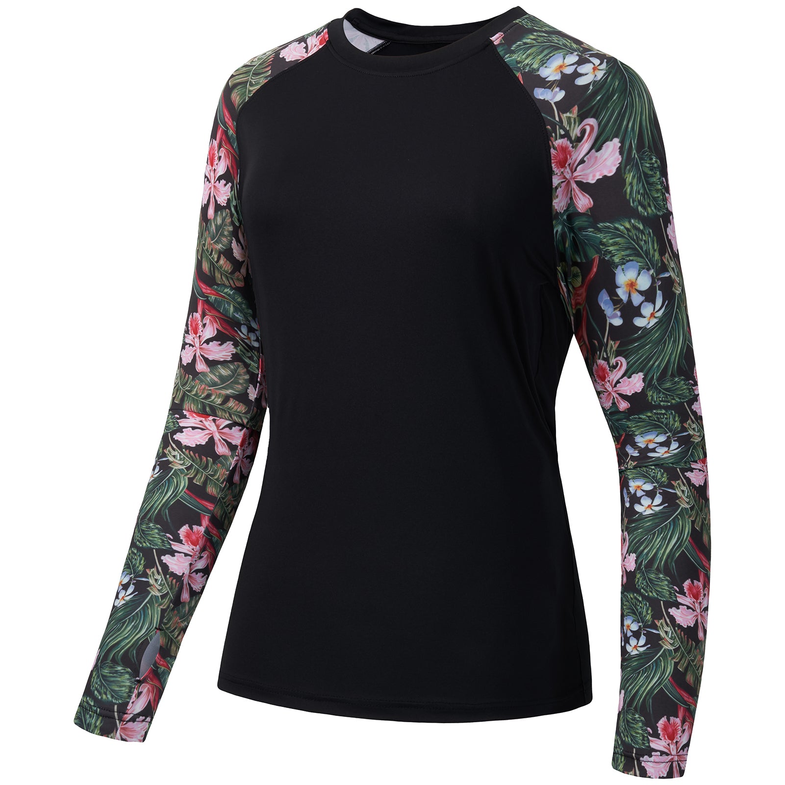 Women’s UPF 50+ Camo Long Sleeve Fishing Shirts, Black/Tropical Flower / L