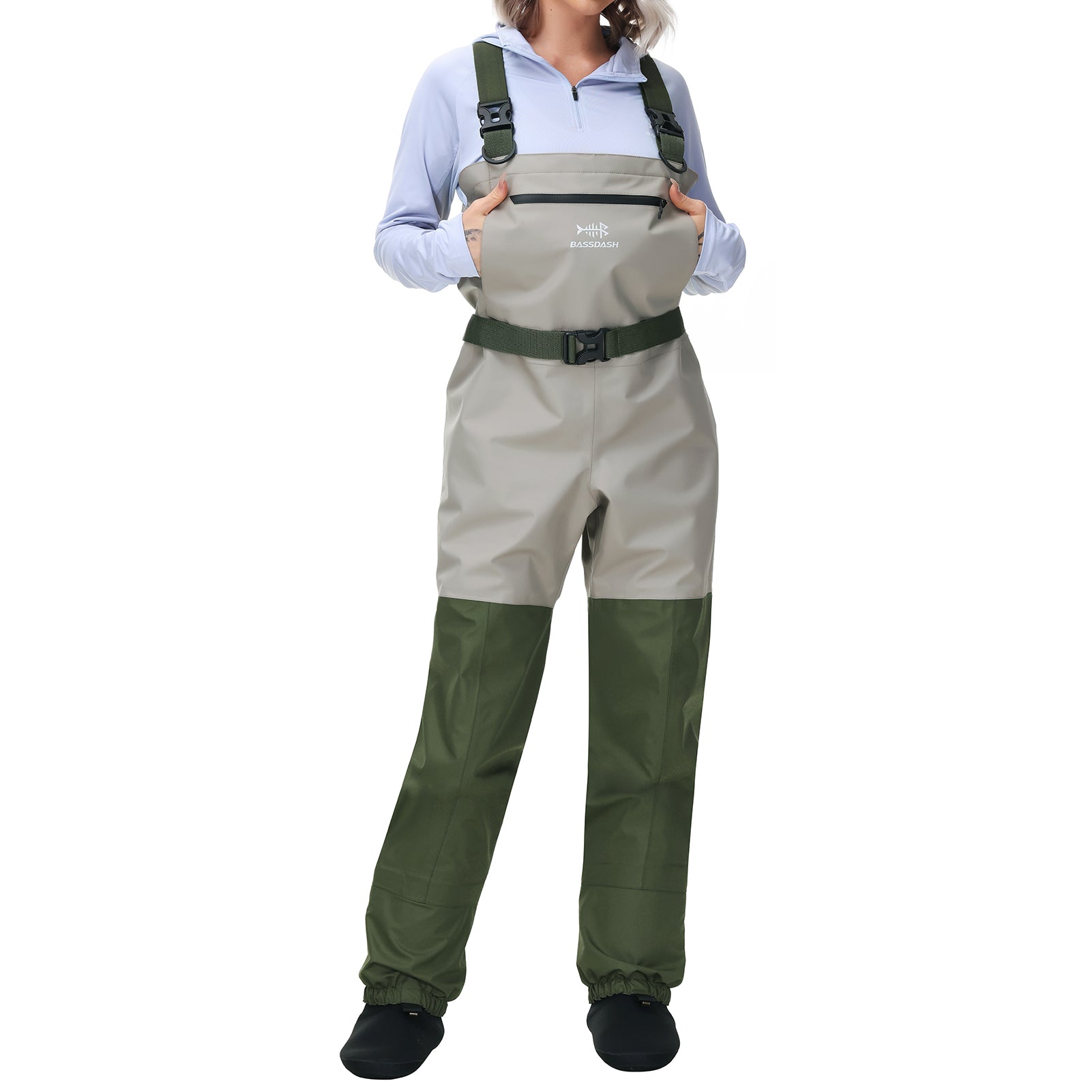 Bassdash IMMERSE Women’s Breathable Stocking Foot Fishing Waders Waterproof Lightweight Chest Wader, Light Tan/Green / Large 8-9