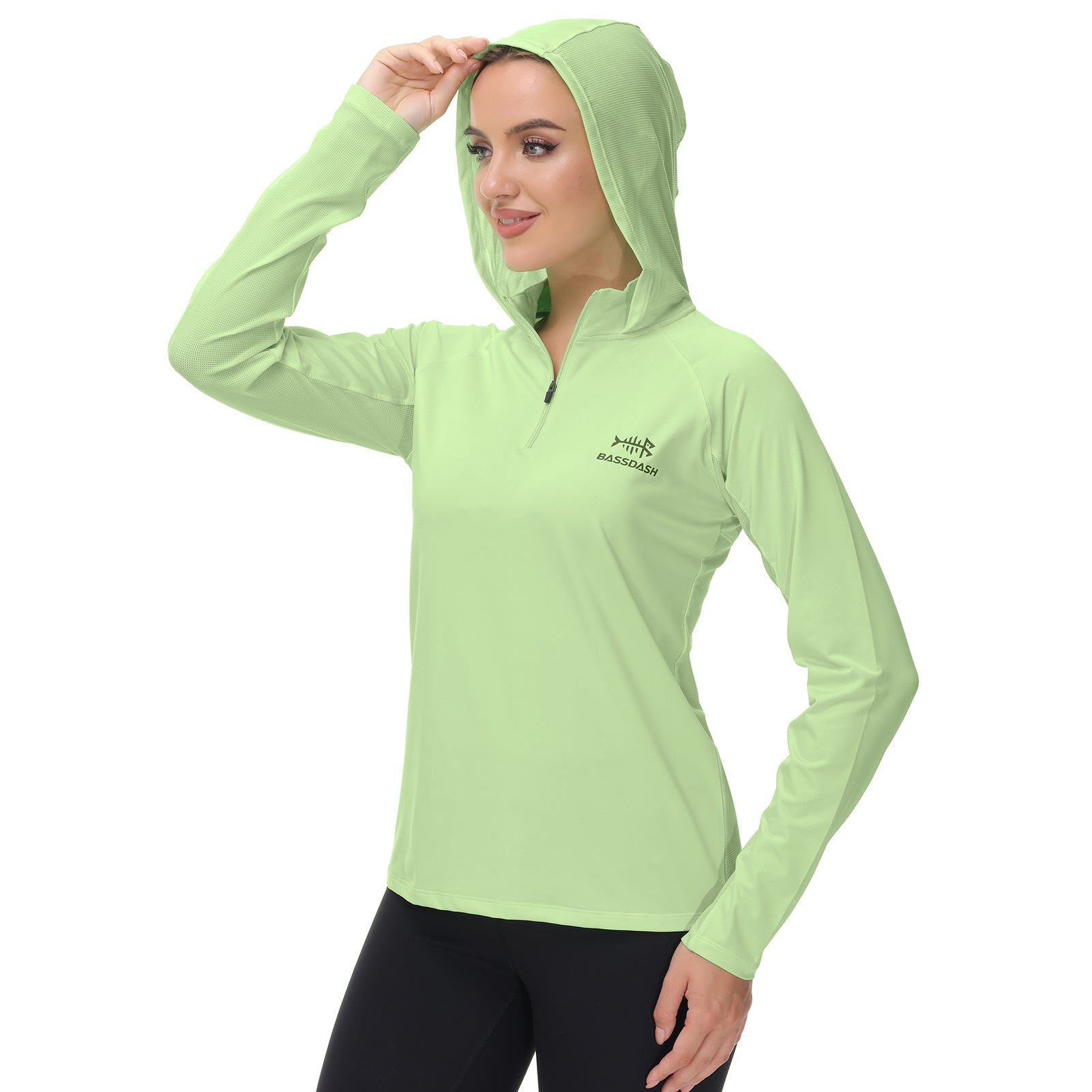 Women’s UPF 50+ Long Sleeve Hoodie Half Zip Shirt | Bassdash Fishing Apple Green / L