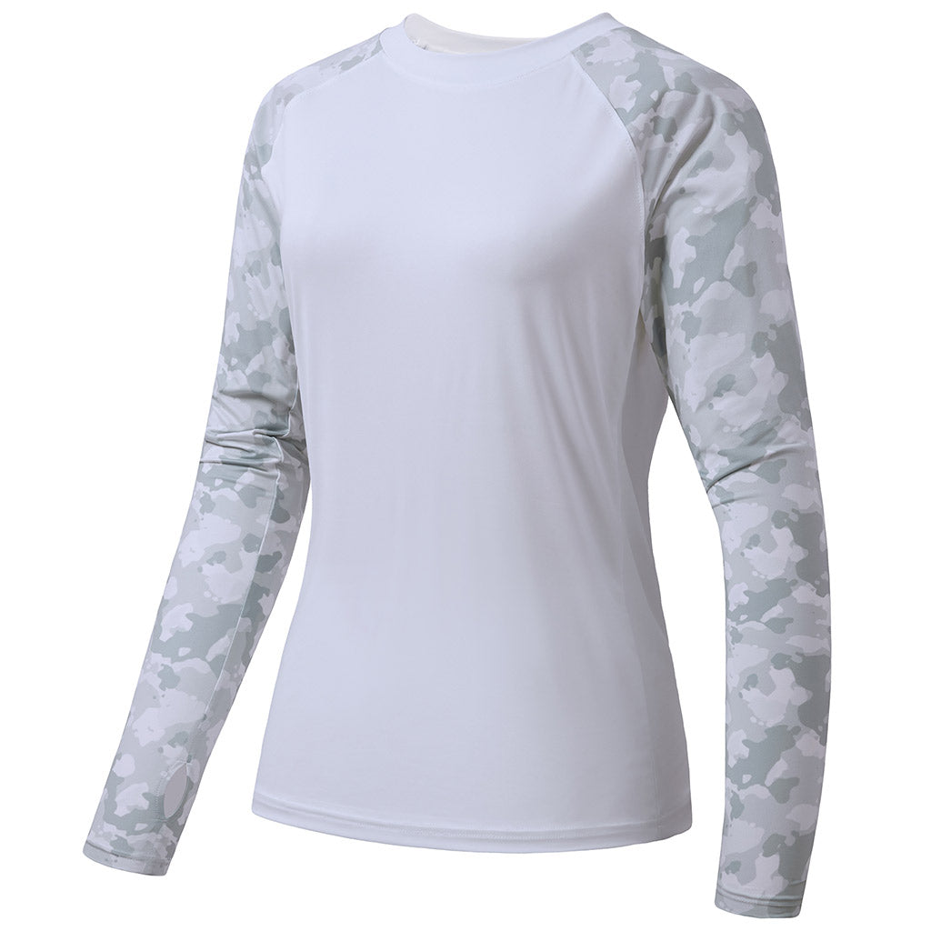 Women’s UPF 50+ Camo Long Sleeve Fishing Shirts, White/Light Grey Camo / L