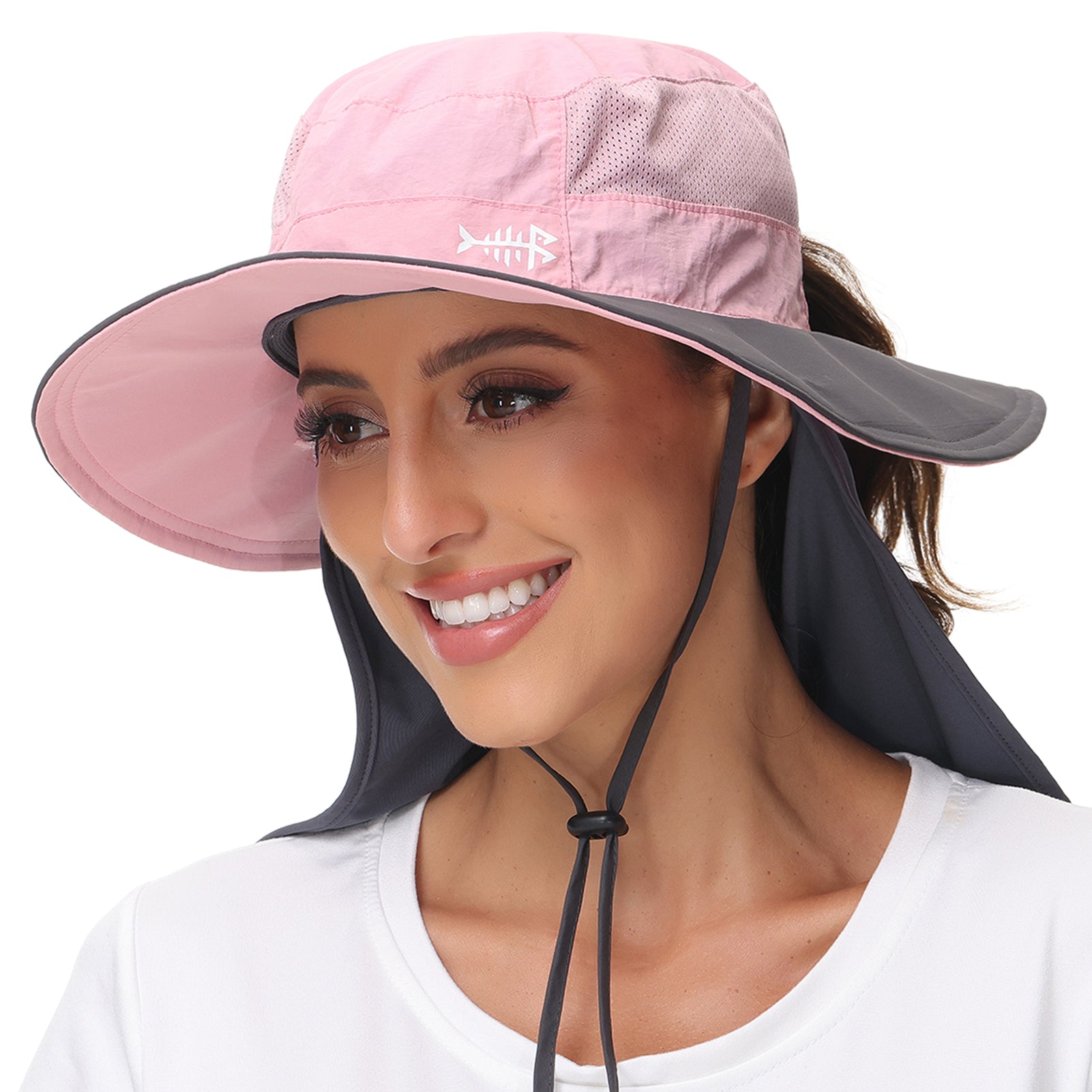 Women's UPF 50+ Sun Hat with Ponytail Hole Neck Flap FH05W, Light Pink/Dark Grey