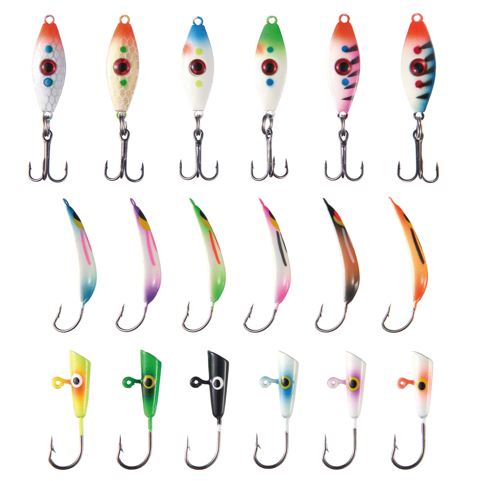 Ice Fishing Lure Kit Glowing Paint Jigs, 18pcs assorted perch/walleye/