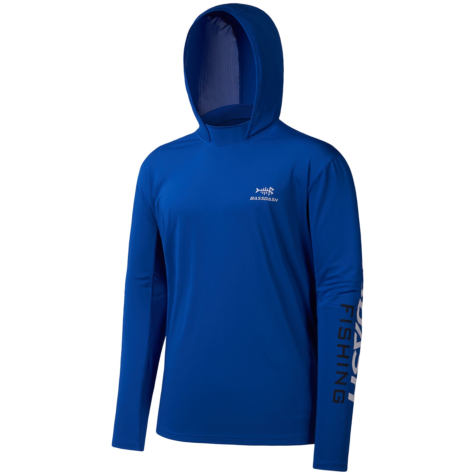 Bassdash UPF 50+ Fishing Hooded Shirt For Men Sun Protection Long Sleeve Performance Hiking Climbing Shirt, Royal Blue/White Logo / 4XL