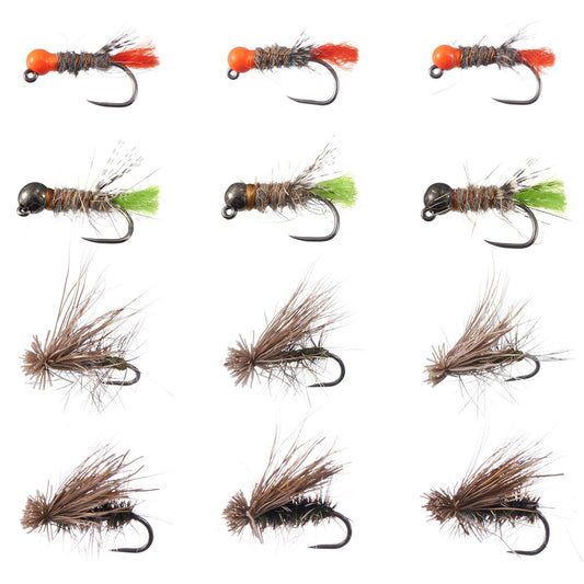 12pcs Barbless Nymphs and Dry Flies for Trout Fishing - Bassdash