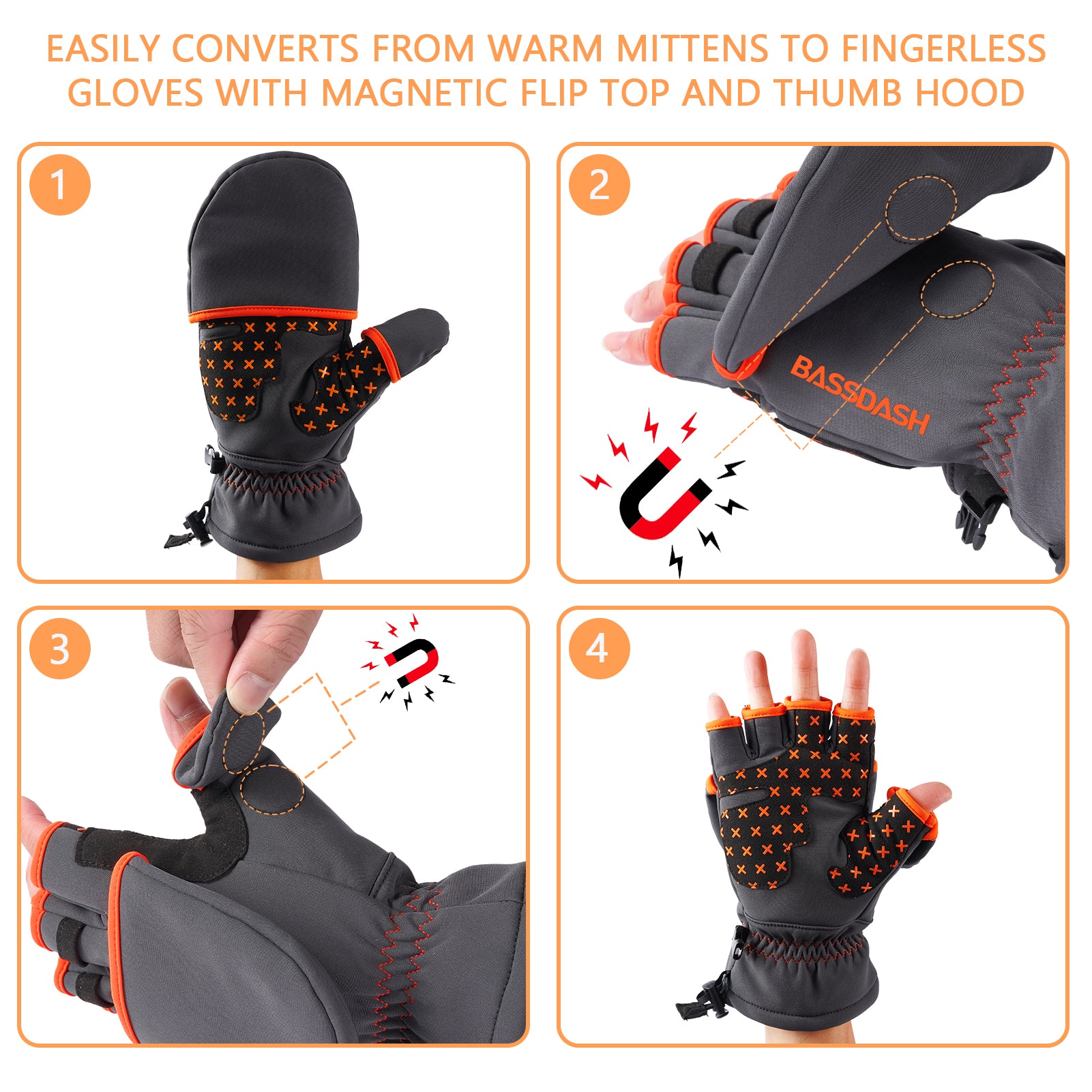 Unisex WinteFlex Insulated Convertible Mittens, Grey/Black / X-Large
