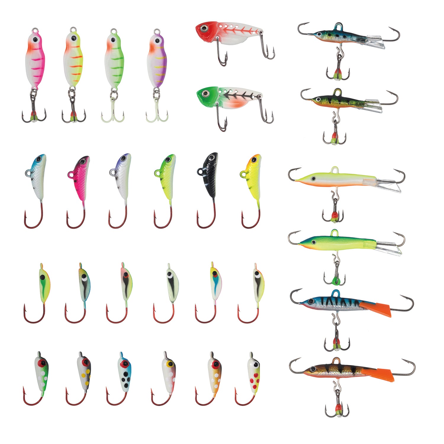 Ice Fishing Lure Kit Glowing Paint Jigs,30 pcs assorted perch/walleye/