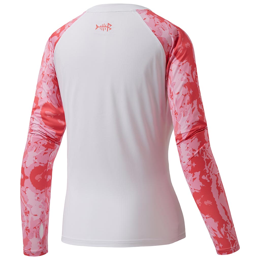 Women’s UPF 50+ Camo Long Sleeve Fishing Shirts, White/Abstract Pink Marble / L