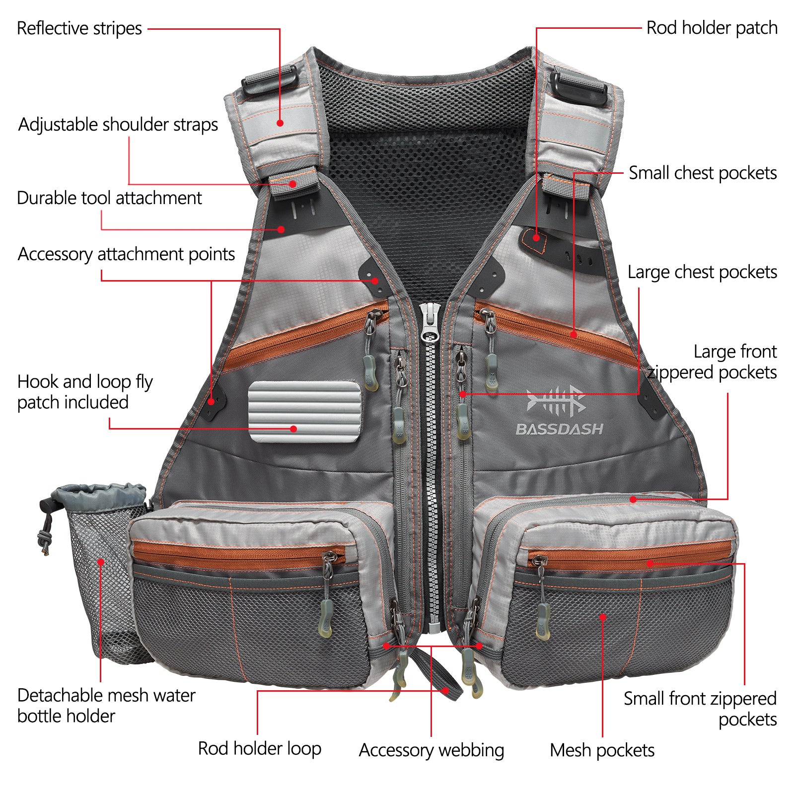 Bassdash FV07 Fly Fishing Vest for Men and Women Adjustable Size with Detachable Water Bottle Holder, Women’s - Grey/Light Pink - One Size