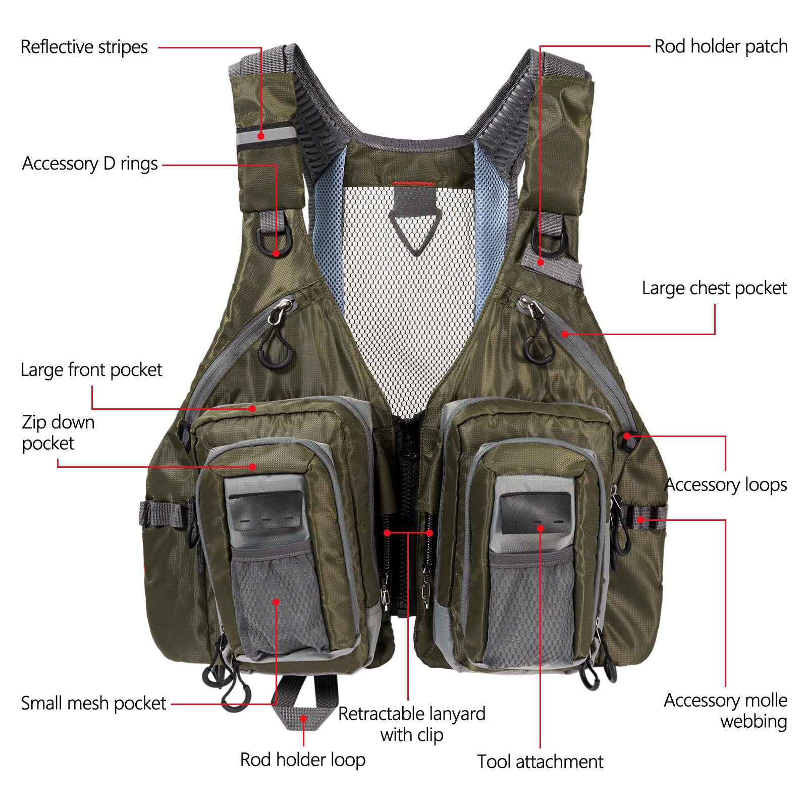 Bassdash Fly Fishing Vest Mesh Vest Free Size : : Sports