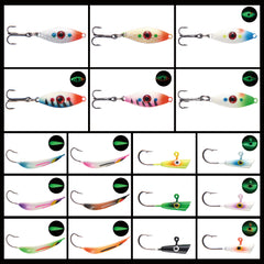 Ice Fishing Lure Kit Glowing Paint Jigs, 18pcs assorted perch/walleye/pike jigs - Bassdash