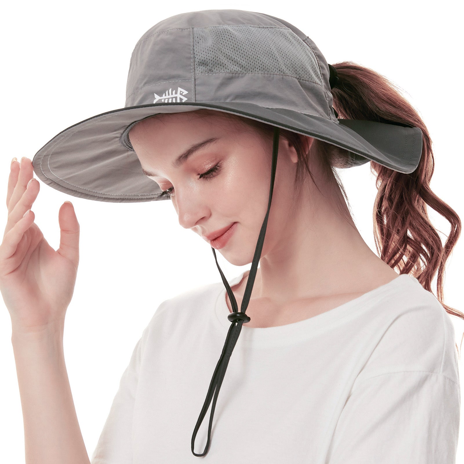 Women's UPF 50+ Sun Hat with Ponytail Hole Neck Flap FH05W, Light Grey/Dark Grey