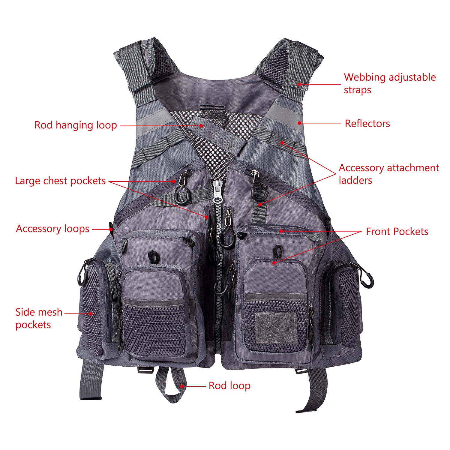 BASSDASH Strap Fishing Vest Adjustable For Men And Women, For Fly Bass Fishing And Outdoor Activities Grey