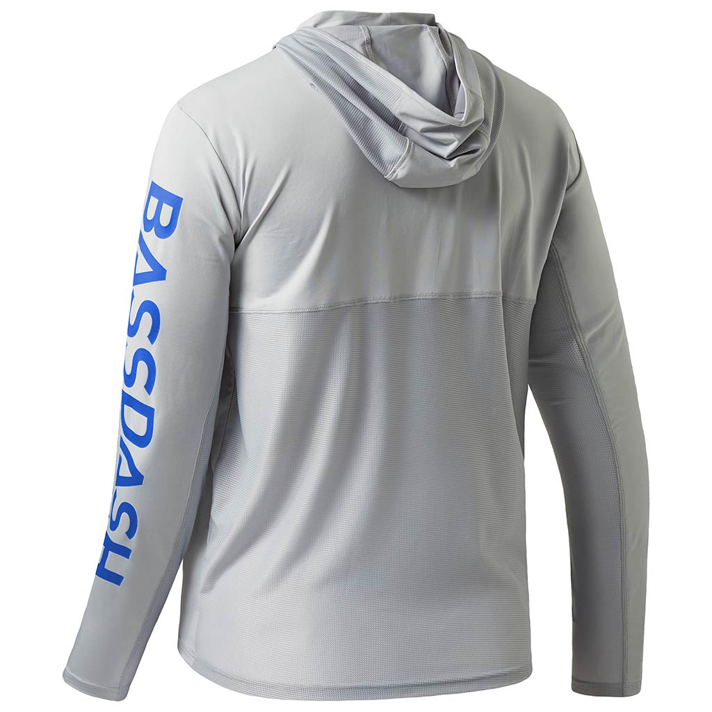 Bassdash UPF 50+ Fishing Hooded Shirt For Men Sun Protection Long Sleeve Performance Hiking Climbing Shirt, Sky Blue/White Logo / 3XL