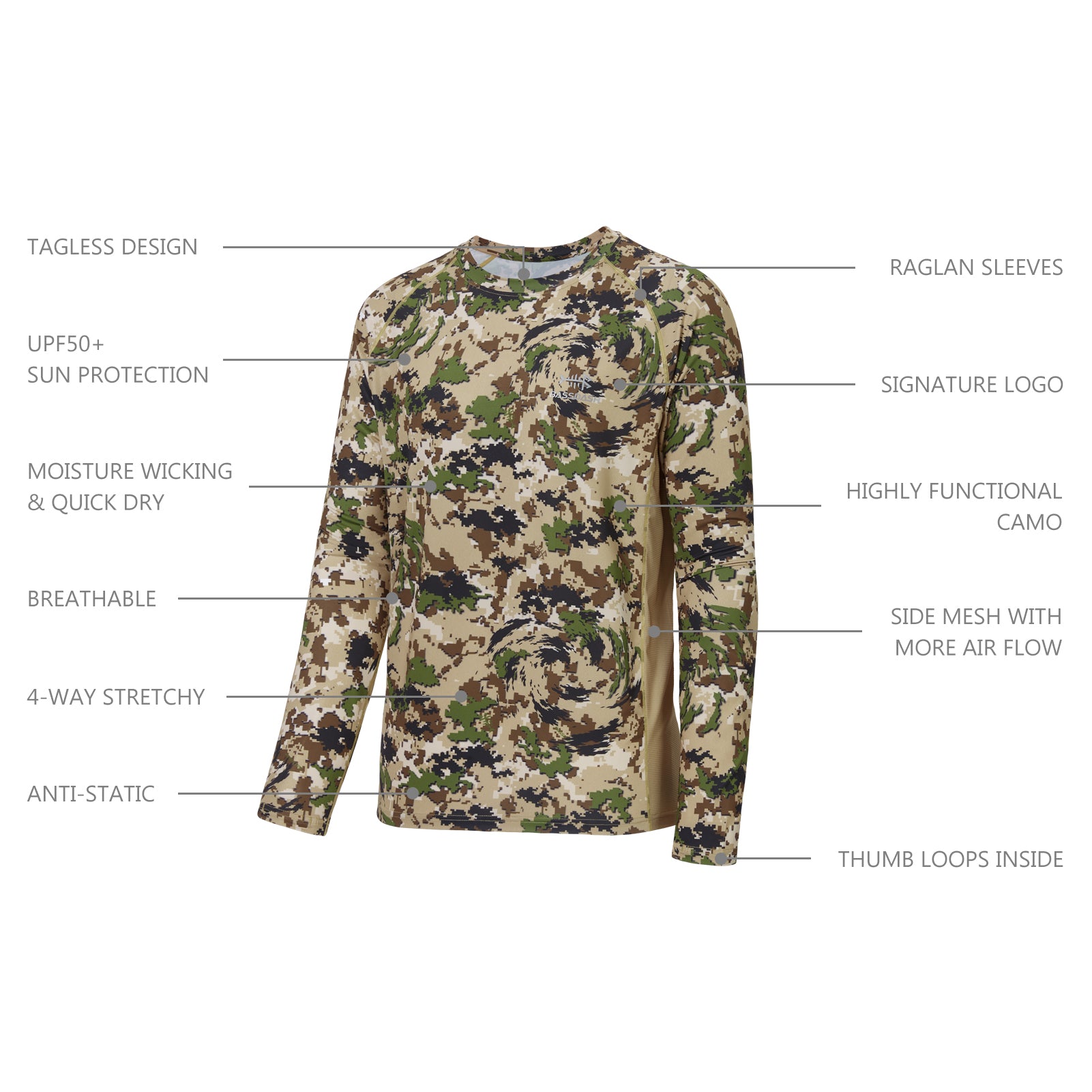 Men's UPF 50+ Camo Long Sleeve Hunting Shirt FS13M, WoodlandI / XL