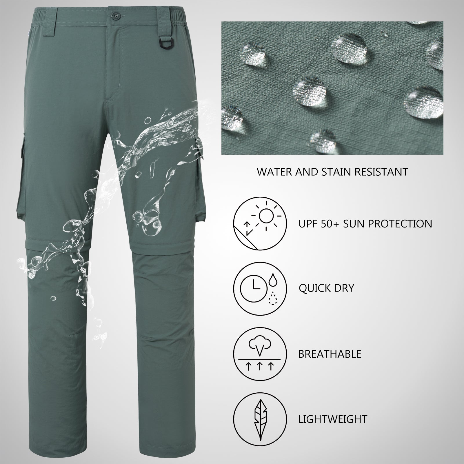 Men’s UPF 50+ Quick Dry Convertible Pants FP02M, Pond Green / 38W×32L