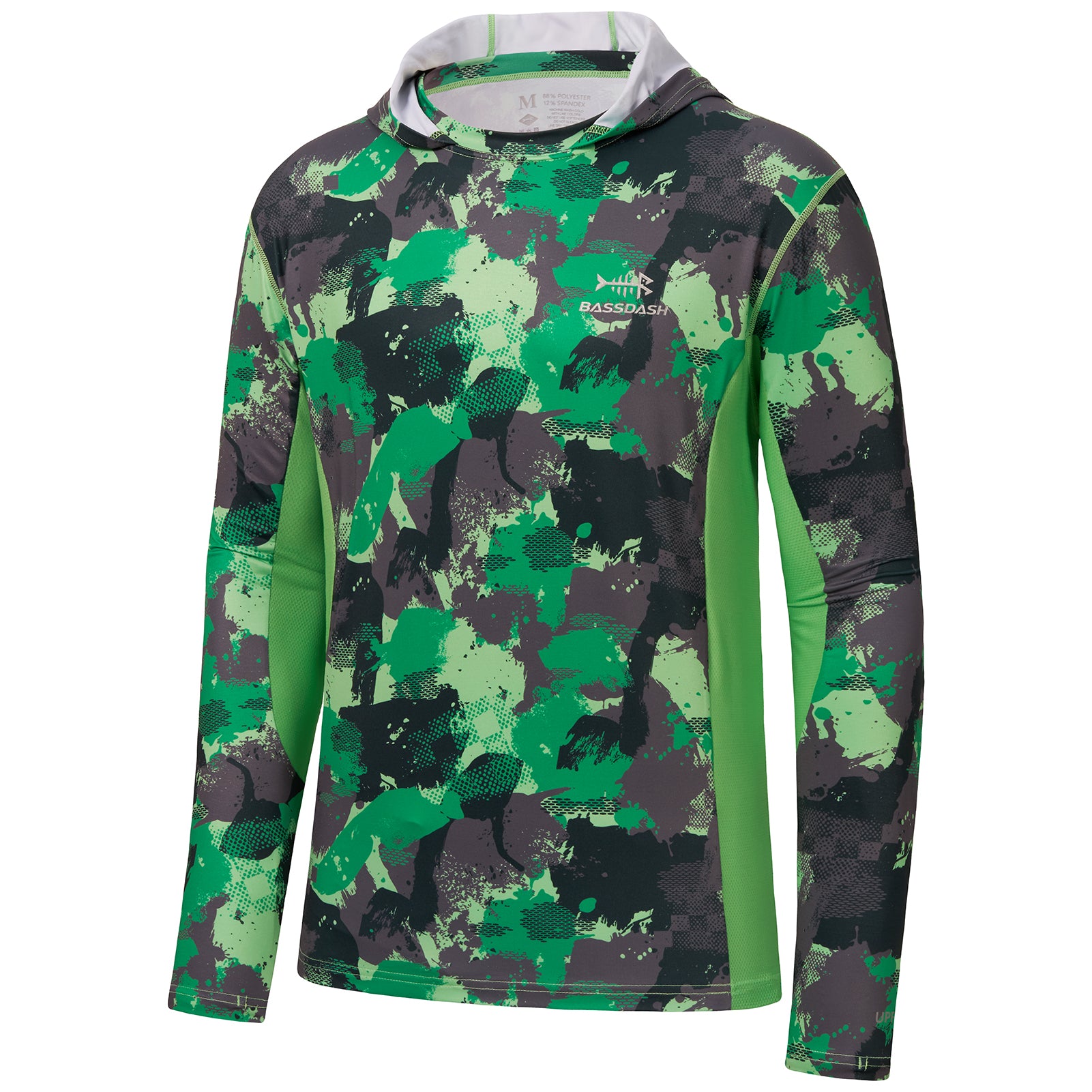 Men's UPF 50+ Camo Fishing Hoodie Shirts with Face Cover FS25M, Green Camo without neck gaiter / XX-Large
