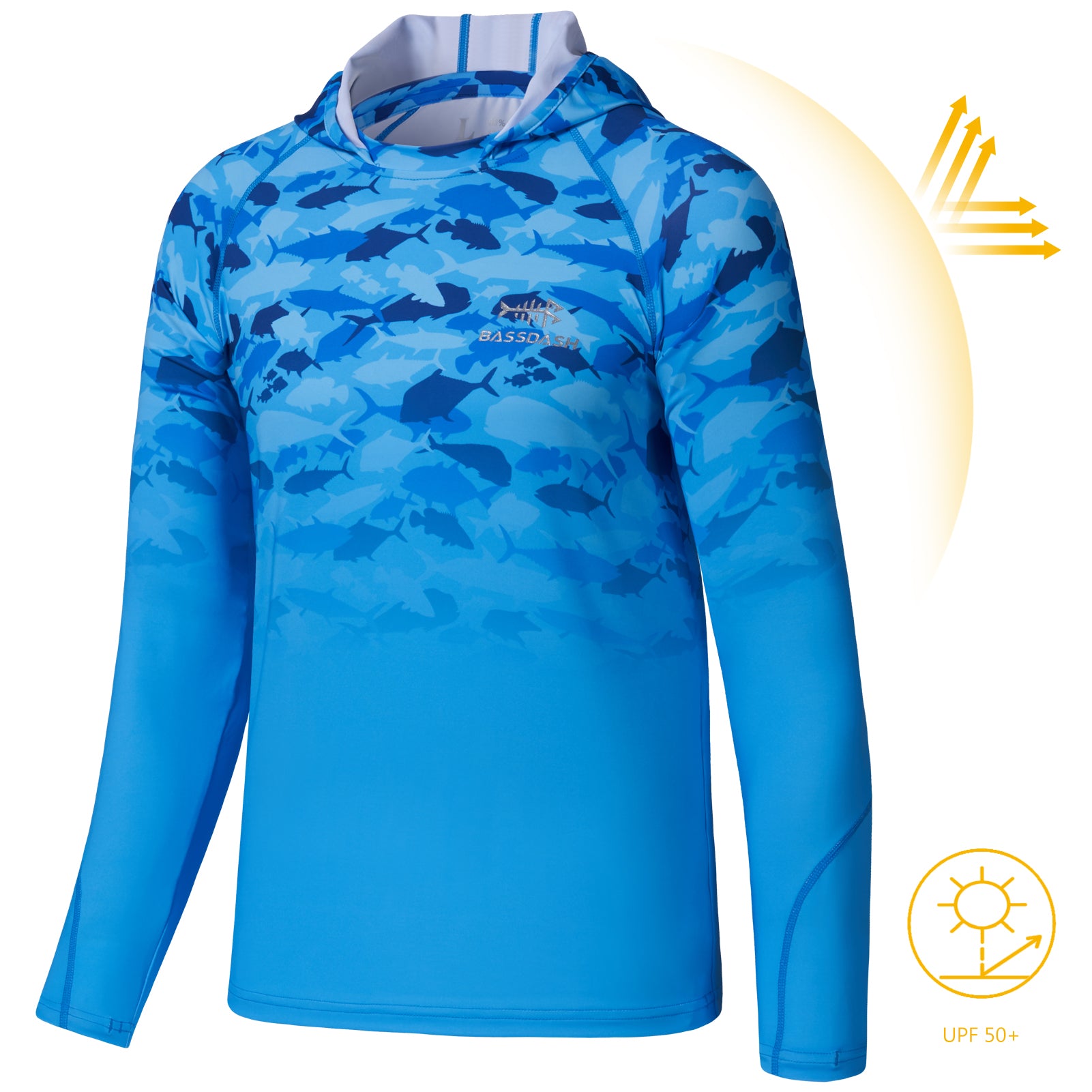 Youth UPF50+ Long Sleeve Fishing Hoodie Shirt FS03Y Blue Fish Gradient / Small