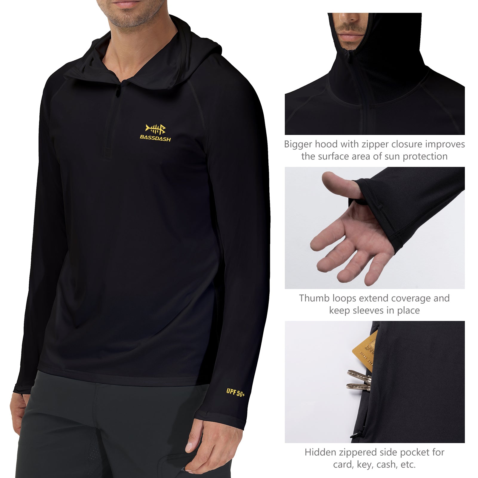 Bassdash UPF 50+ Fishing Hooded Shirt For Men Sun Protection Long Sleeve Performance Hiking Climbing Shirt, Black/Yellow Logo / S