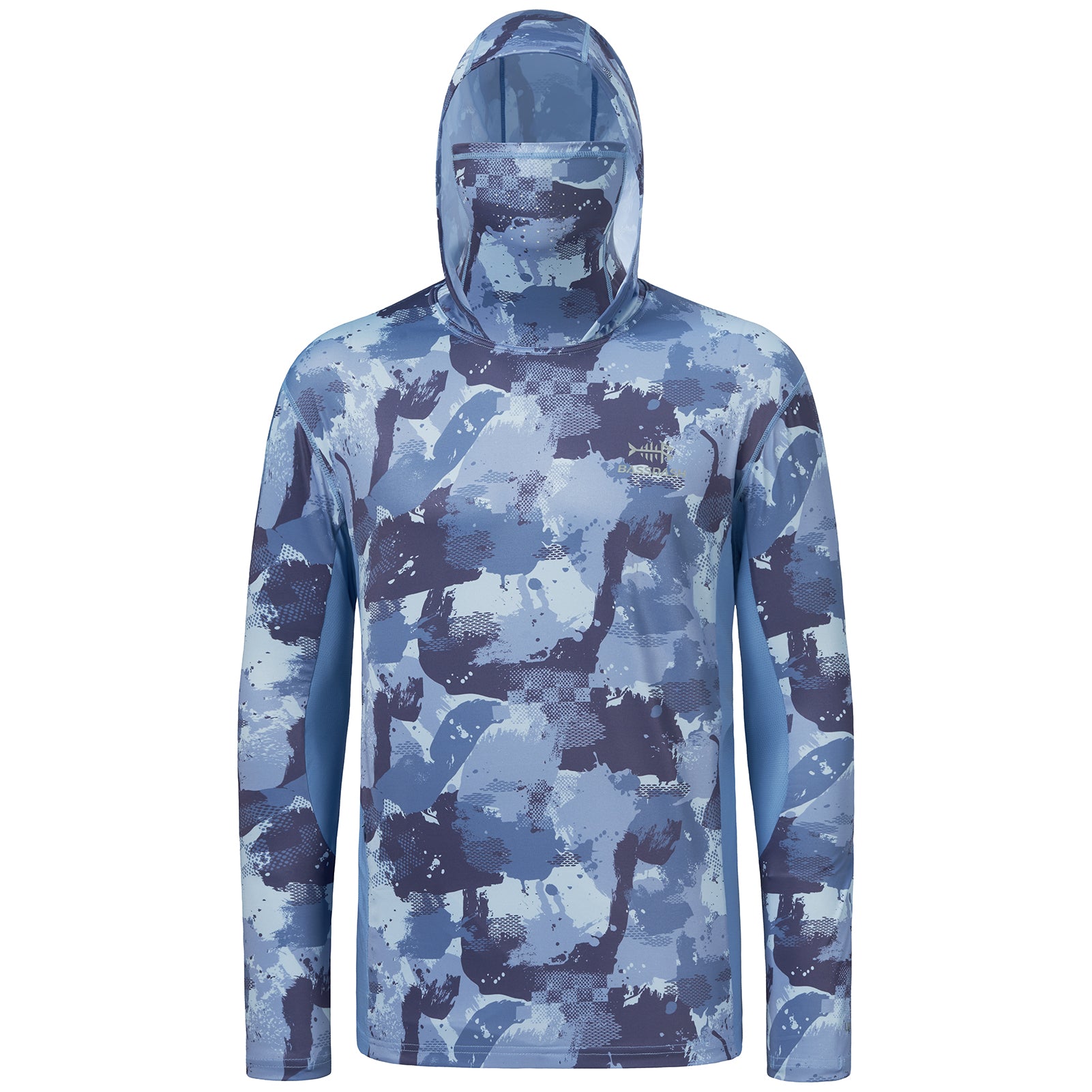 Men's UPF 50+ Camo Fishing Hoodie Shirts with Face Cover FS25M, Blue Camo with neck gaiter / 3X-Large