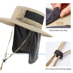 Unisex UPF 50+ Wide Brim Bucket Hat with Detachable Neck Flap FH02 - Bassdash