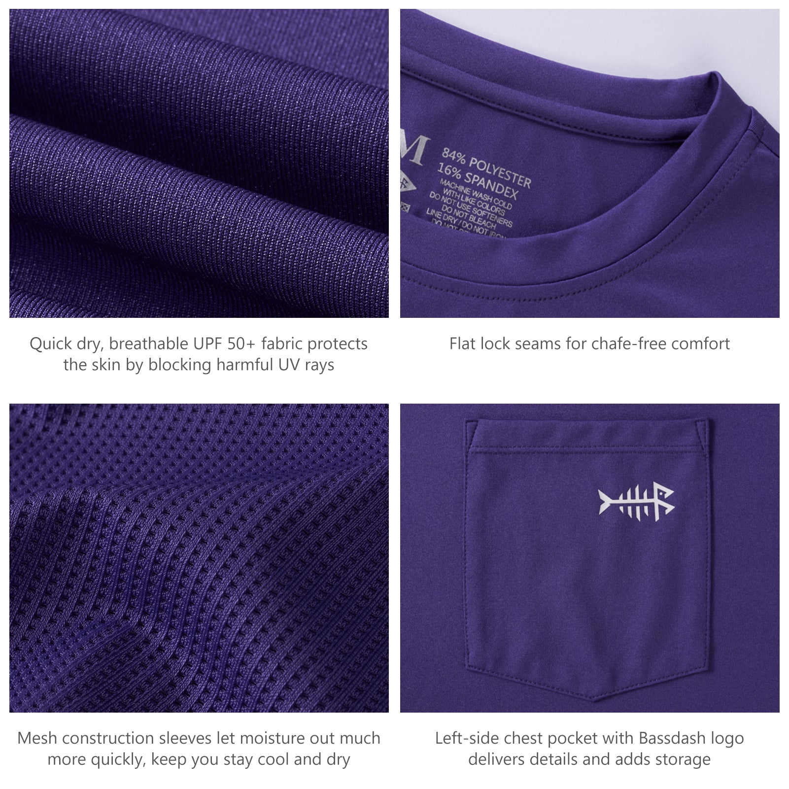 Bassdash Performance Fishing Shirt For Men UPF 50+ Long Sleeve For Fishing Hiking Outdoor Sports, Purple/White Logo / 3XL