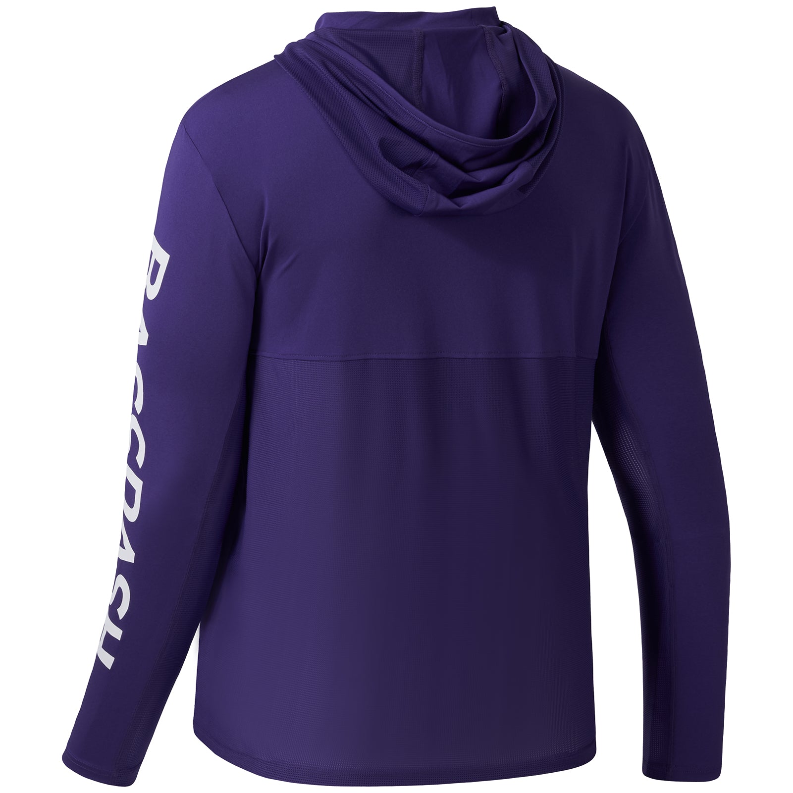 Bassdash UPF 50+ Fishing Hooded Shirt For Men Sun Protection Long Sleeve Performance Hiking Climbing Shirt, Purple/White Logo / XL