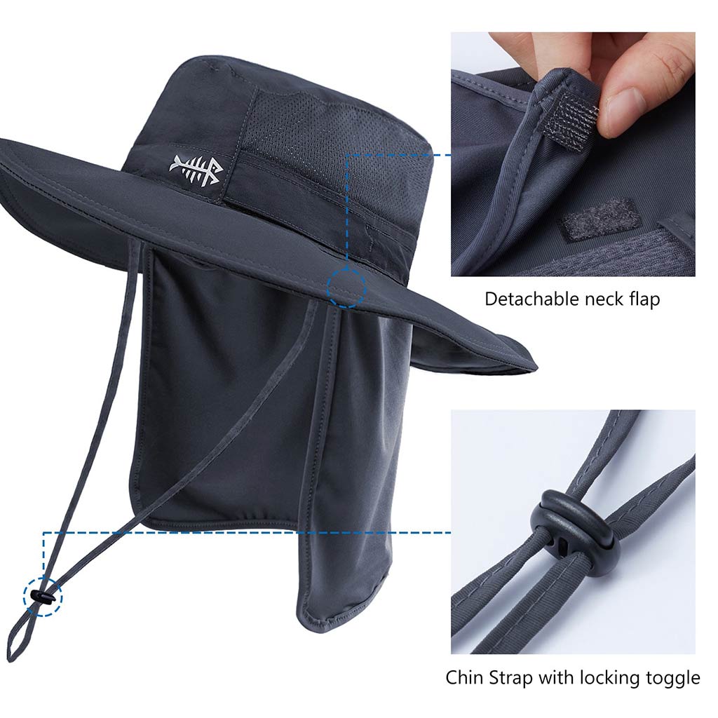 BASSDASH UPF 50+ Sun Fishing Hat Water Resistant With Detachable Neck Flap Dark Grey