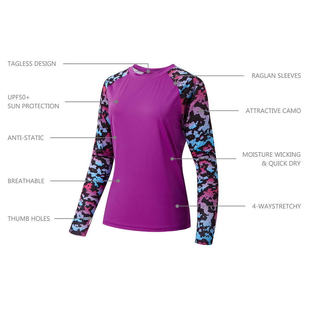 Women’s UPF 50+ Camo Long Sleeve Fishing Shirts, Violet/Neon Camo / 3XL