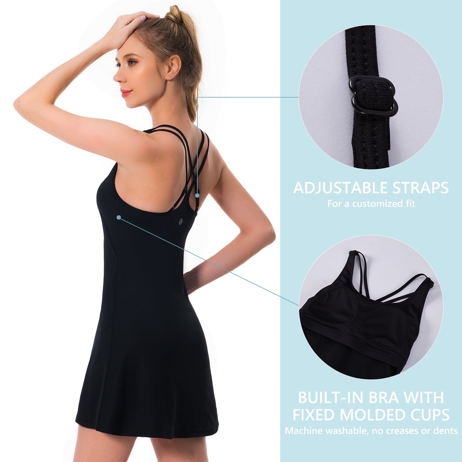 Womens Tennis Dress Built in Shorts & Bra Adjustable Straps Exercise  Workout Dress with Pockets Golf Athletic Dress
