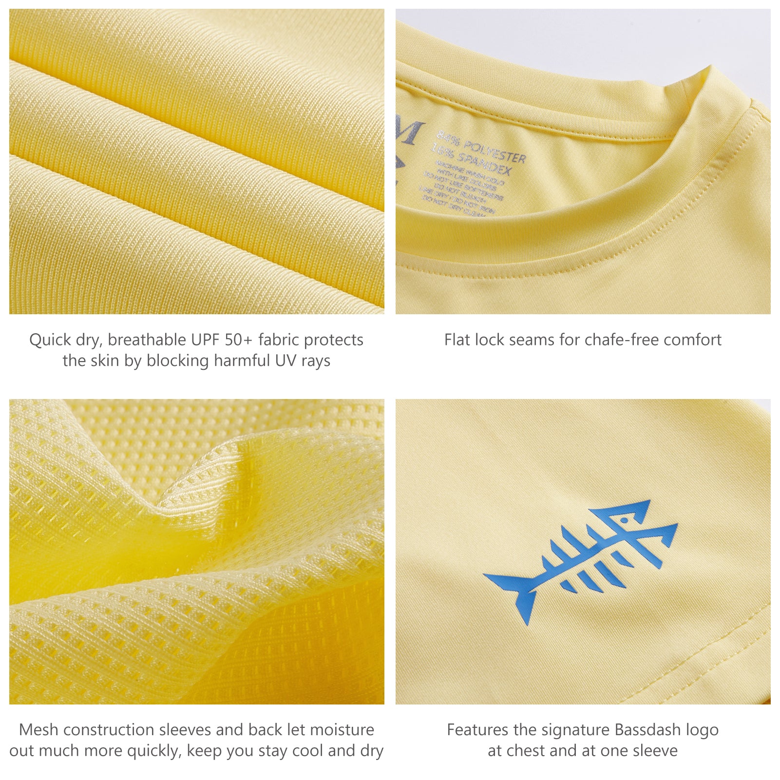 Bassdash UPF 50+ Youth Fishing Shirt Long Sleeve Performance UV Protection Shirt for Boys Girls Light Yellow/Vivid Blue Logo / M