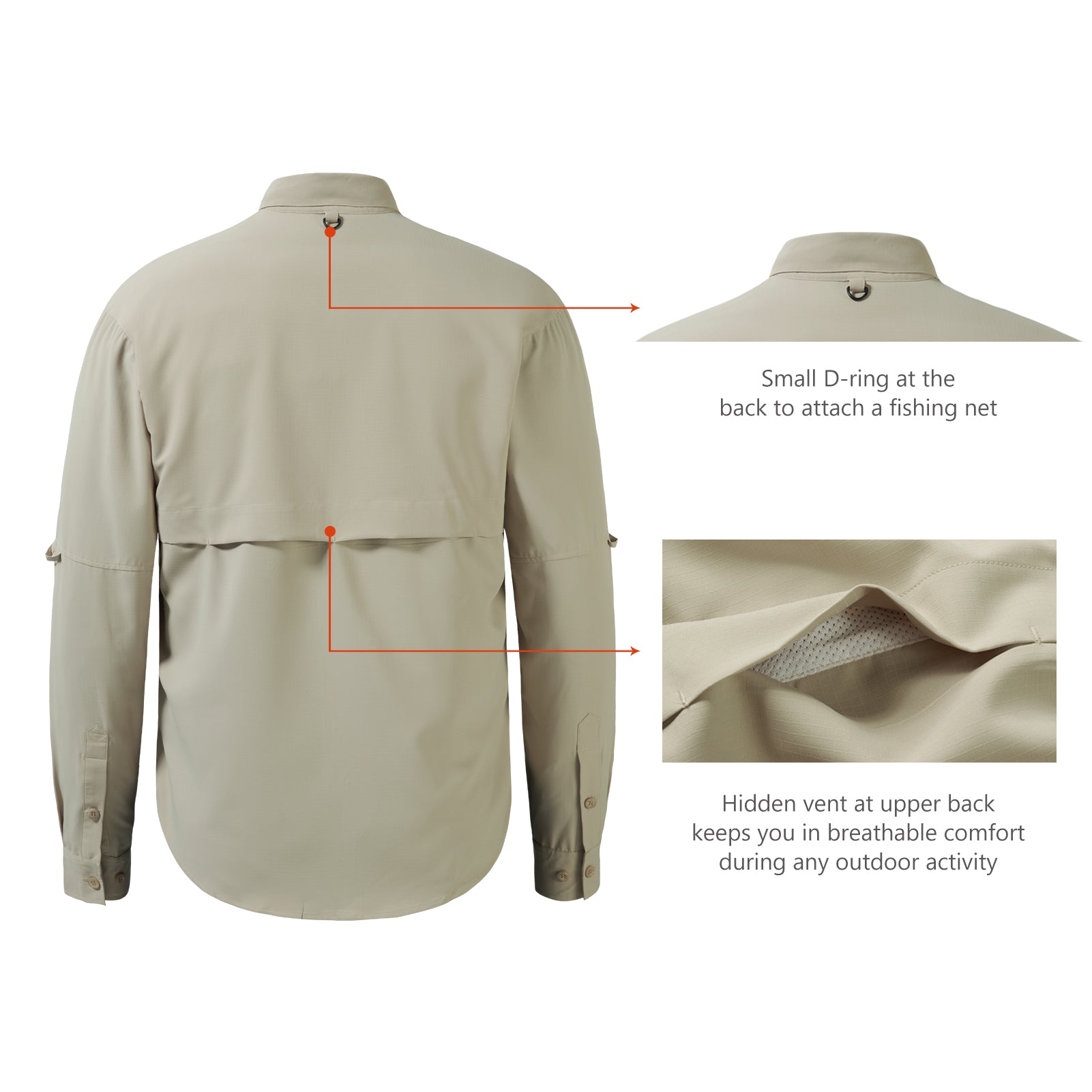 Men's UPF 50+ Long Sleeve Fishing Button Down Shirt FS21M, Khaki / 5X-Large