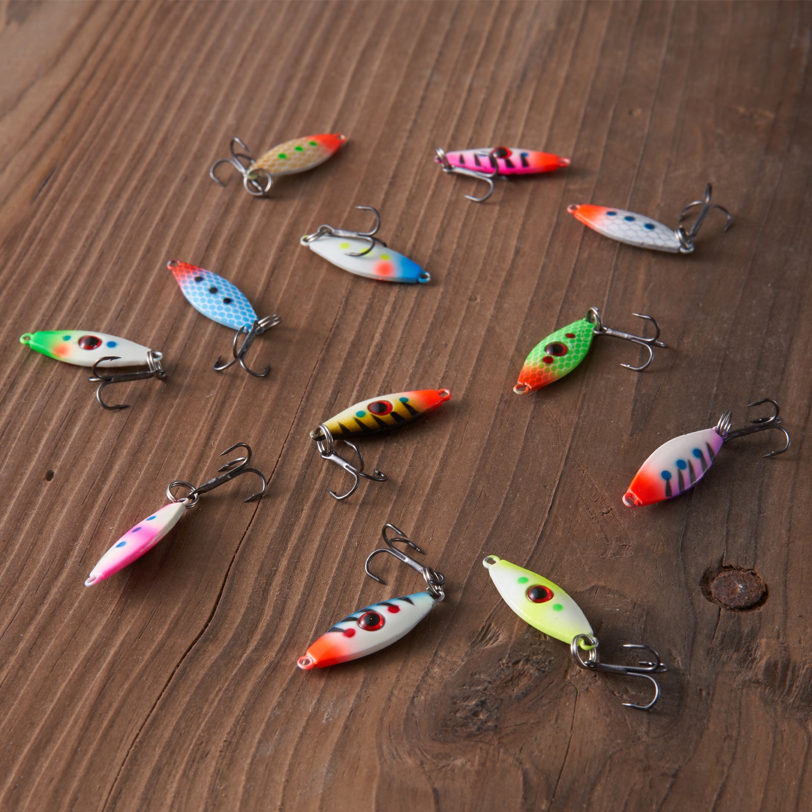 Ice Fishing Lure Kit Glowing Paint Jigs, 12pcs assorted perch/walleye/