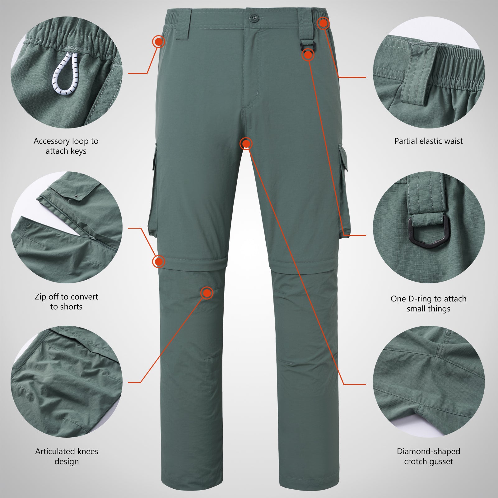 Men's Belted Hiking Pants Convertible Zipper Cuff Elastic Waist Quick Dry  Lightweight Zip Off Outdoor Fishing Travel