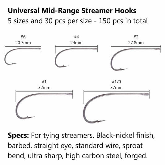 150 pcs Universal Mid-Range Streamer Fly Fishing Hooks - Bassdash