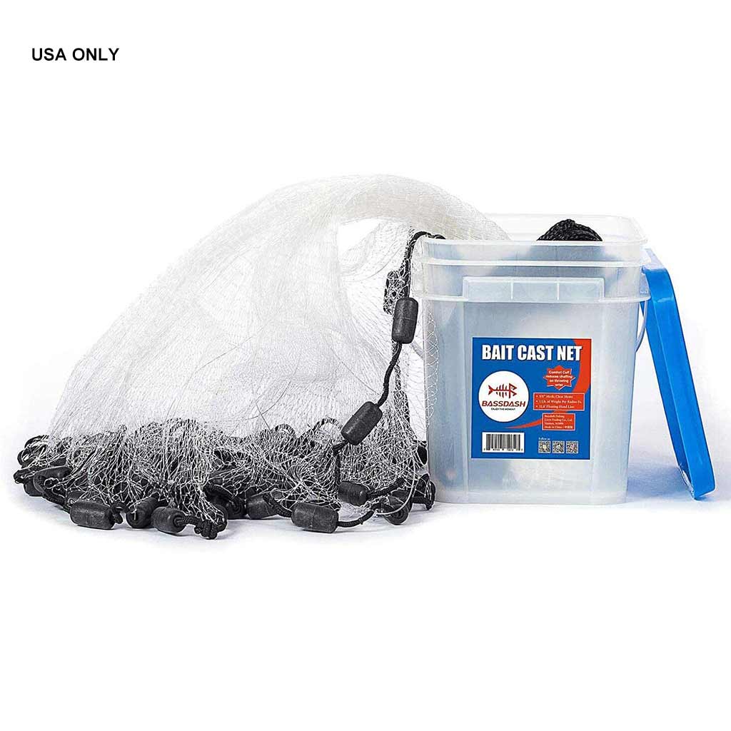 Bassdash Fishing Cast Net 3/8-Inch Fishing Net , 1-Pound Per Foot, For Bait  Fish With Utility Bucket