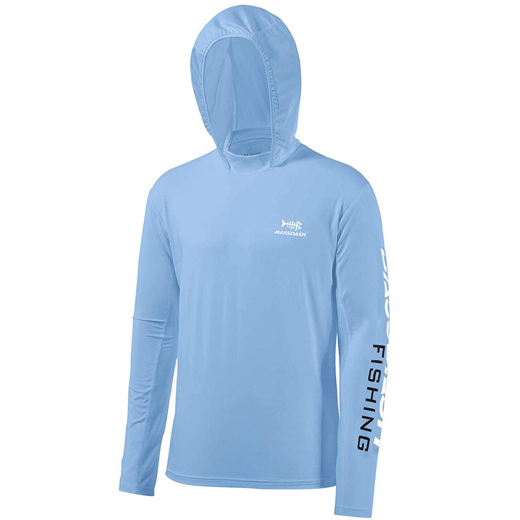 Bassdash UPF 50+ Fishing Hooded Shirt For Men Sun Protection Long Sleeve Performance Hiking Climbing Shirt, Carolina/White Logo / XXL