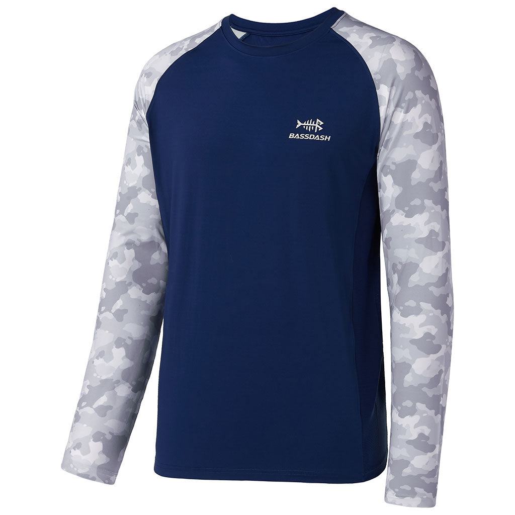 Bassdash UPF 50+ UV Protection Fishing Hiking Shirt For Men Camo Long Sleeve, Dark Blue/Light Grey Camo / M