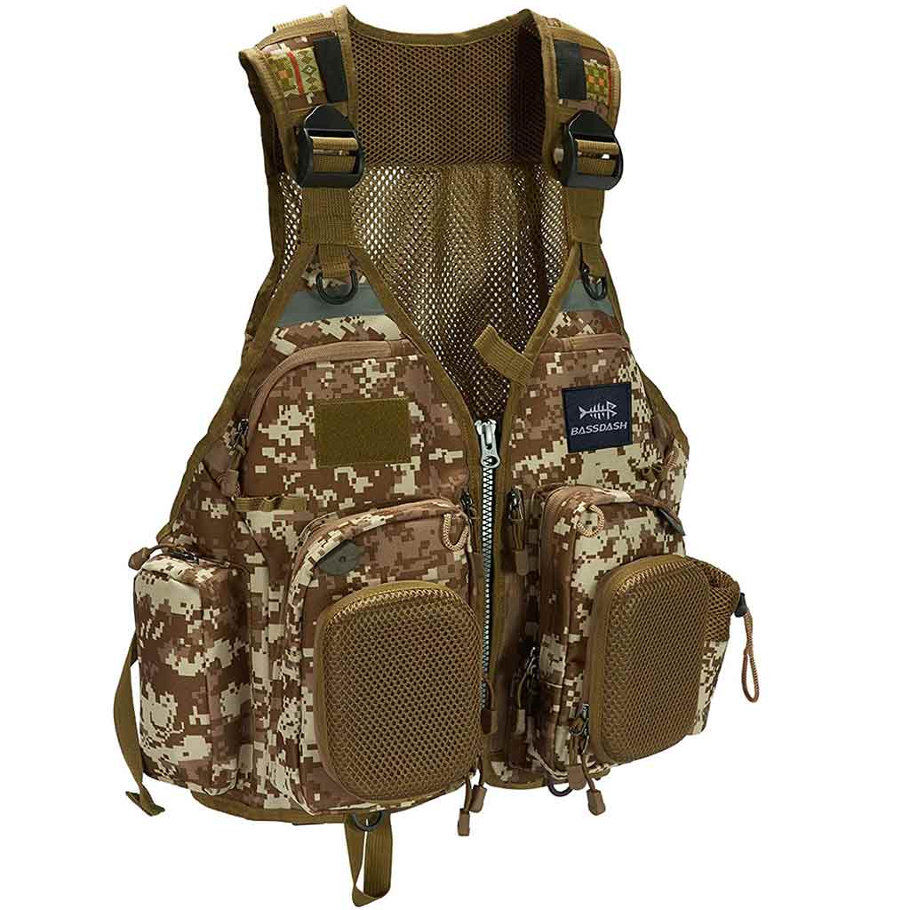 Bassdash Breathable Strap Fishing Vest With Pocket For Men and Women, Khaki Camo / ONE SIZE
